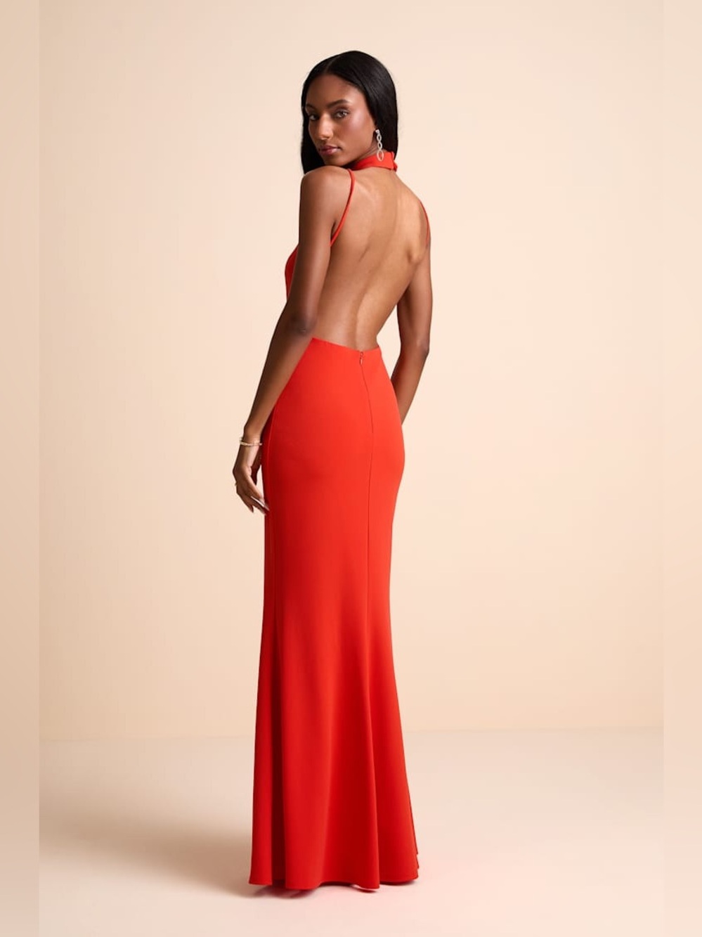 Lulus Damaris Bright Orange Mock Neck Backless Maxi Dress Small New with tags